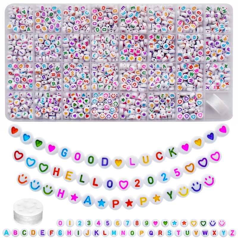 Looconi 1600pcs Colorful Letter, Star, Heart, Number, Smiley Face Beads and Elastic String 7x4mm Alphabet Beads 31 Styles for Jewelry Making - Image 1