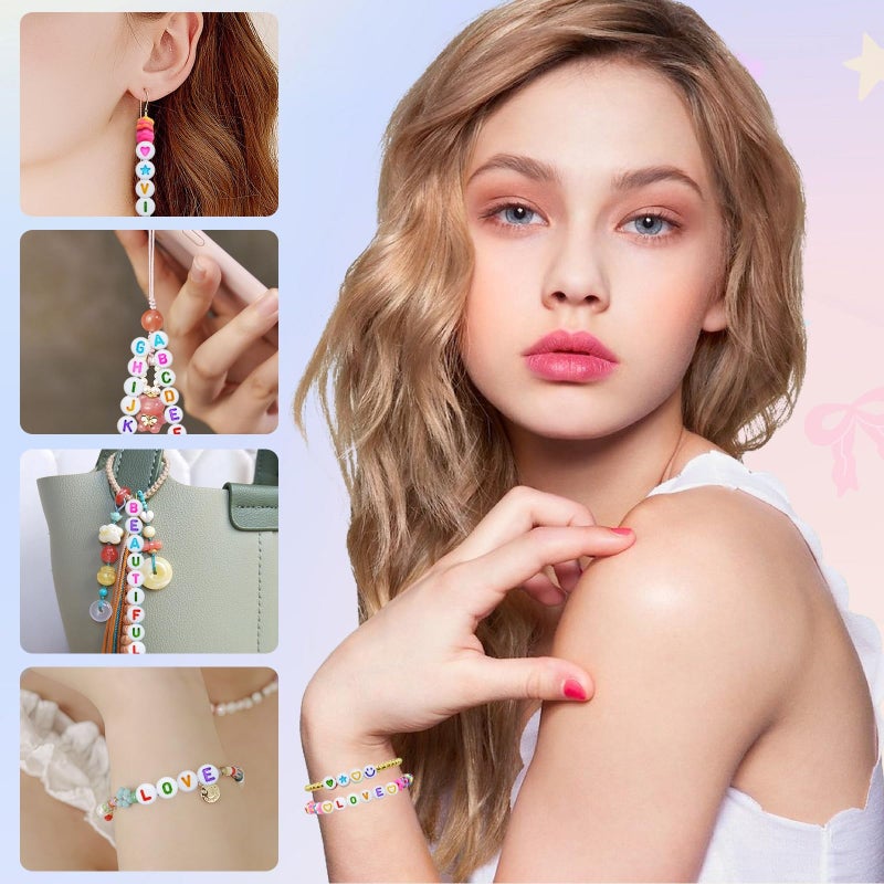 Looconi 1600pcs Colorful Letter, Star, Heart, Number, Smiley Face Beads and Elastic String 7x4mm Alphabet Beads 31 Styles for Jewelry Making - Image 5