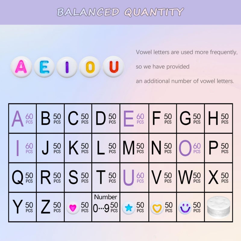 Looconi 1600pcs Colorful Letter, Star, Heart, Number, Smiley Face Beads and Elastic String 7x4mm Alphabet Beads 31 Styles for Jewelry Making - Image 3