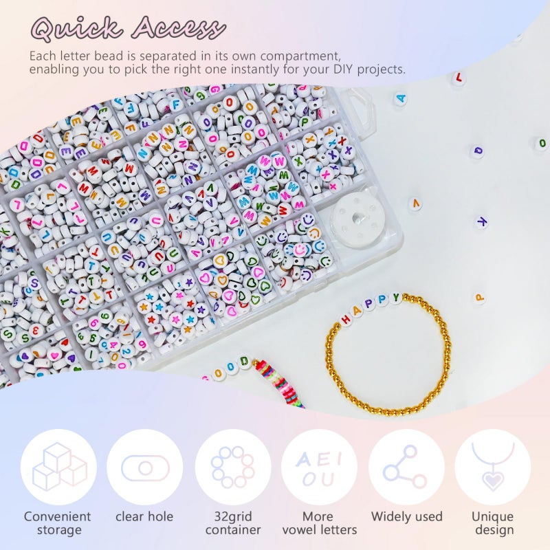 Looconi 1600pcs Colorful Letter, Star, Heart, Number, Smiley Face Beads and Elastic String 7x4mm Alphabet Beads 31 Styles for Jewelry Making - Image 4