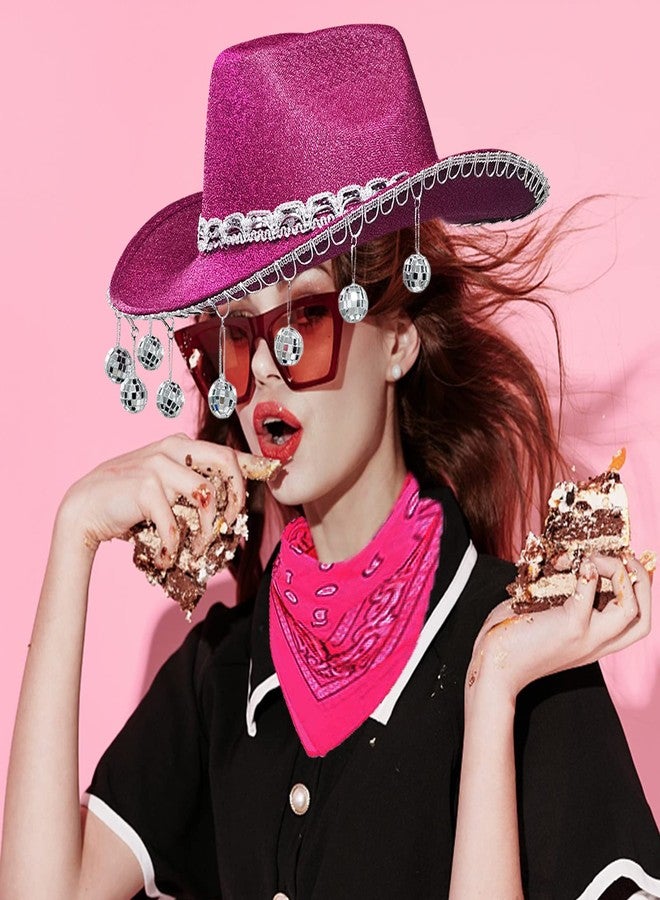 JIANGLAI Pink Disco Cowgirl Hat with Bandana,Glitter Rhinestone Disco Ball Cowboy Hat for Costume Accessories Women Men Cosplay Party (Hot Pink) - Image 5