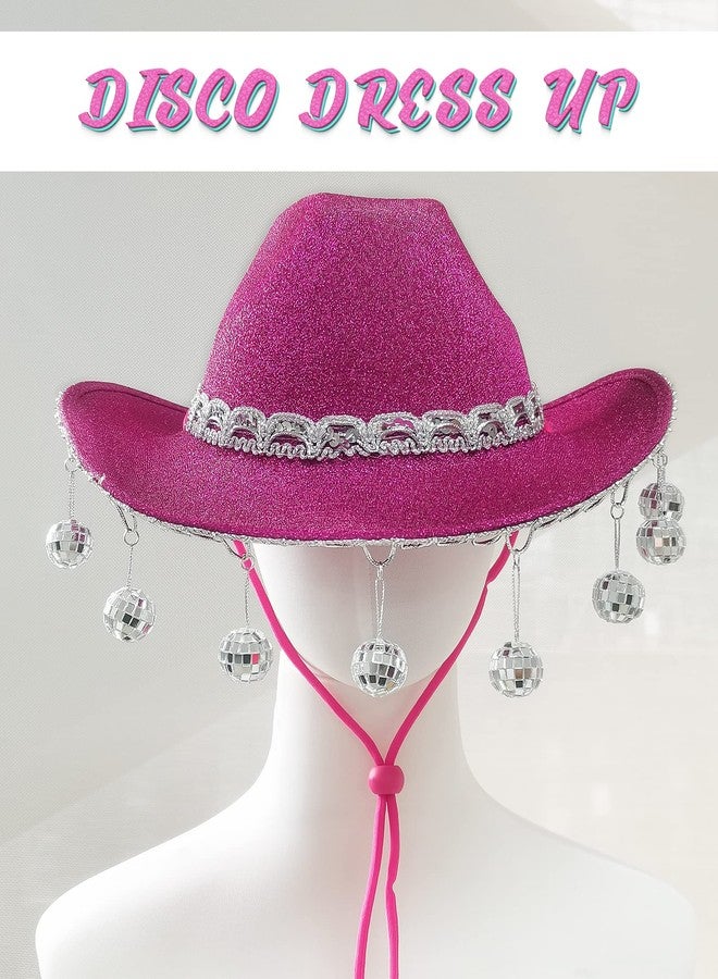 JIANGLAI Pink Disco Cowgirl Hat with Bandana,Glitter Rhinestone Disco Ball Cowboy Hat for Costume Accessories Women Men Cosplay Party (Hot Pink) - Image 4