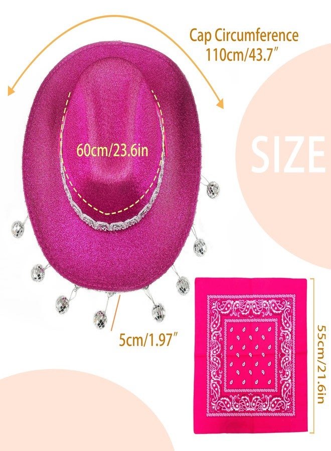 JIANGLAI Pink Disco Cowgirl Hat with Bandana,Glitter Rhinestone Disco Ball Cowboy Hat for Costume Accessories Women Men Cosplay Party (Hot Pink) - Image 2