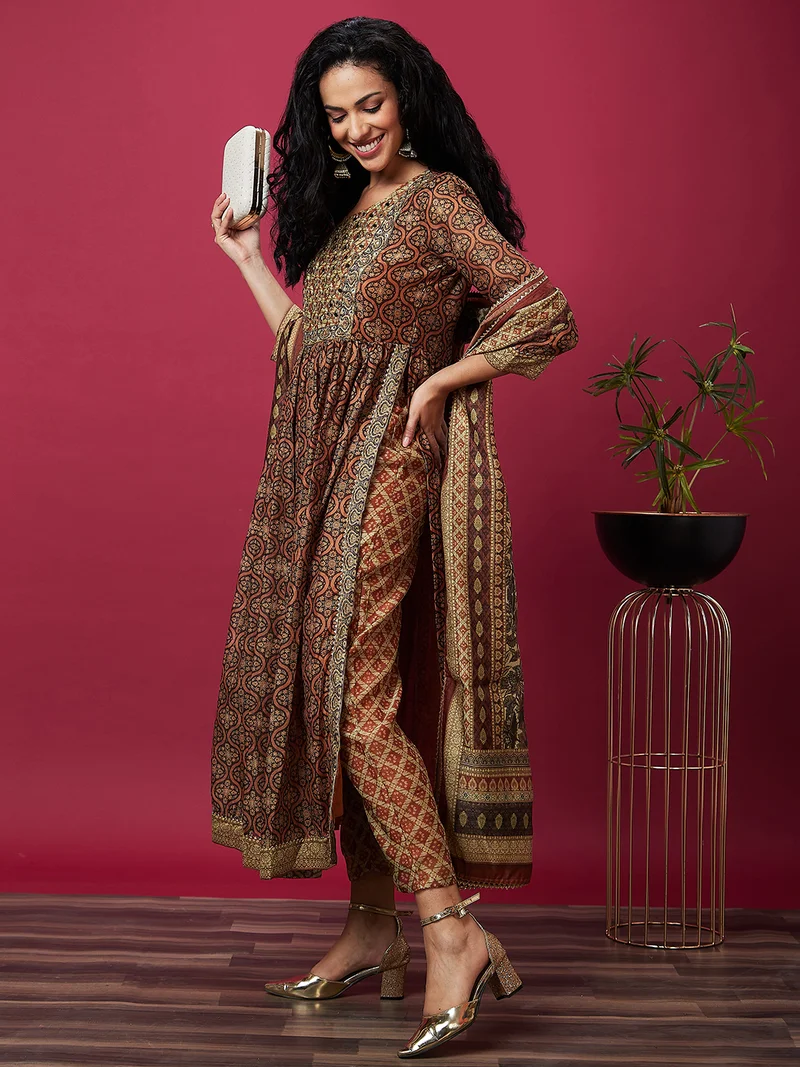 globus Women Brown Ethnic Motifs Printed High Slit Thread Work Kurta With Trousers & Dupatta