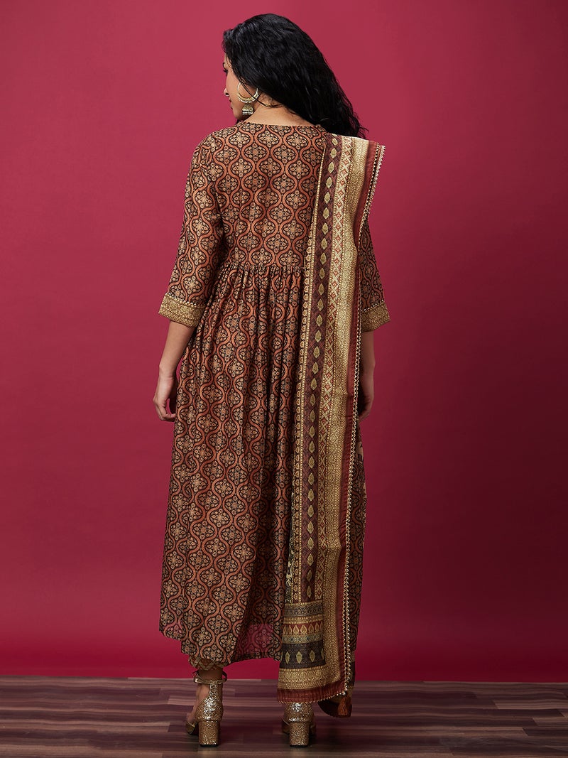 globus Globus Women Brown Ethnic Motifs Printed High Slit Thread Work Kurta With Trousers & Dupatta - Image 4