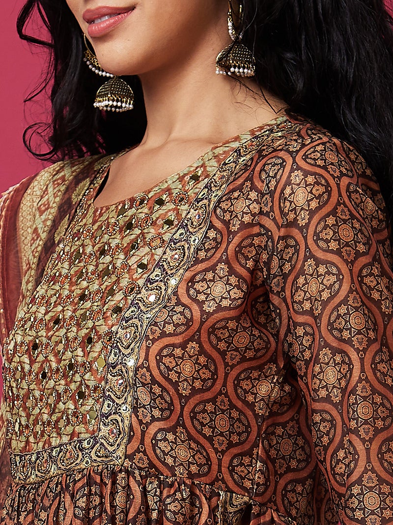 globus Globus Women Brown Ethnic Motifs Printed High Slit Thread Work Kurta With Trousers & Dupatta - Image 5