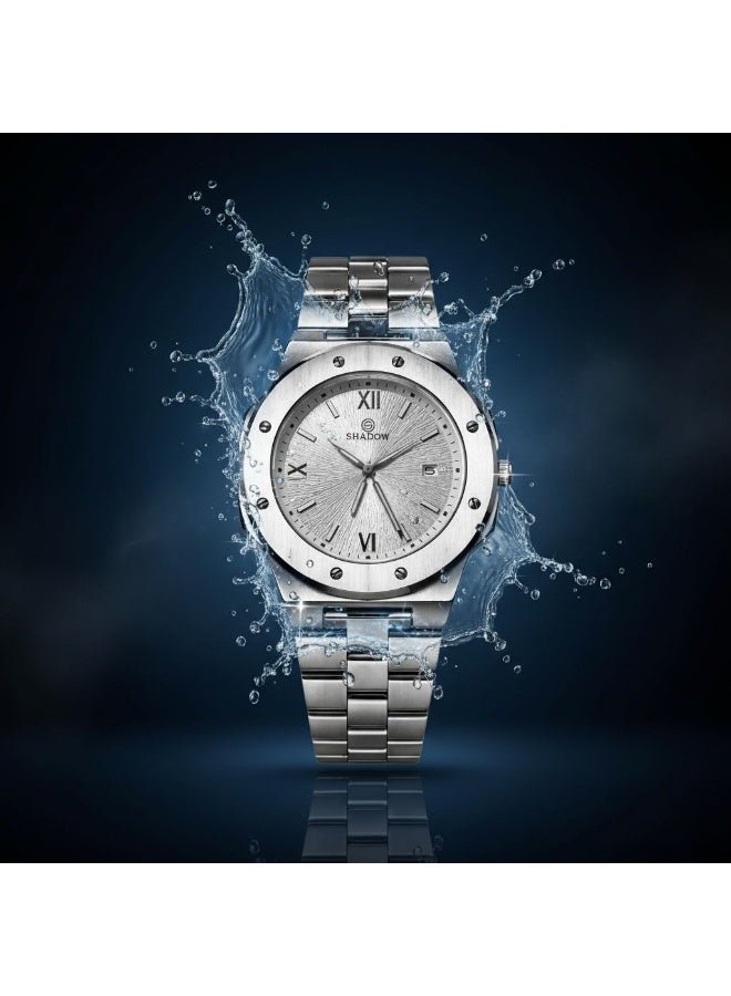 SHADOW Vertex Men’s Watch SD1417 Stainless Steel Strap White Textured Dial Quartz Analog Wristwatch with Date Display - Image 4