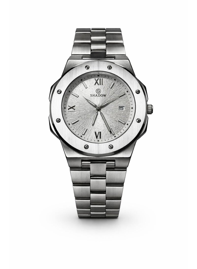 SHADOW Vertex Men’s Watch SD1417 Stainless Steel Strap White Textured Dial Quartz Analog Wristwatch with Date Display - Image 1