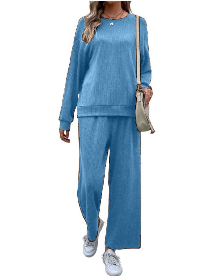 طقم نسائي كاجوال فضفاض مصنوع من قماش محبوك مضلع وأكمام منسدلة T82