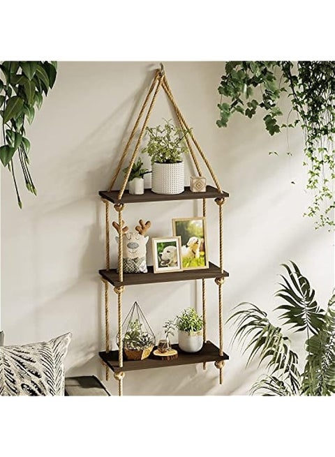 3-Tiered Wooden Rope Shelf - Rustic Hanging Shelves for Home Decor in Bedroom, Living Room, Bathroom, and Kitchen