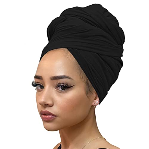 Kachanaa Stretch Jersey Turban Head Wraps Long Solid Color African Shawl Hair Scarfs Lightweight Breathable Head Bands Ties for Black Women(Black) - Image 1