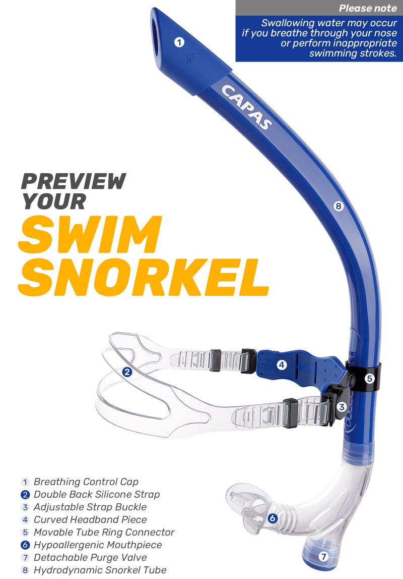CAPAS Training Swim Snorkel for Lap Swimming, Swivel Headband Ultimate Fit Center-Mount Swimmers Snorkel with Liquid Silicone Mouthpiece Adjustable Strap, Designed for Adult Men Women - Image 2