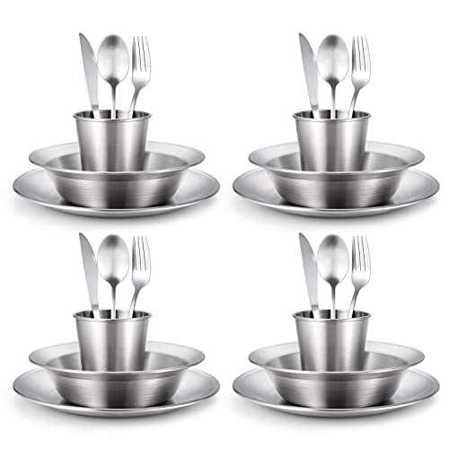 Odoland Stainless Steel Camping Mess Kit for Family & 4 Person, Cooking Tableware Utensils with Plates Bowls Forks Spoons Knives & Savings Bag for Camping, Backpacking, Hiking, Picnic, 4 Person Set - Image 2