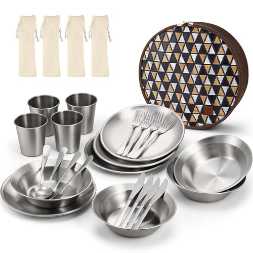 Odoland Stainless Steel Camping Mess Kit for Family & 4 Person, Cooking Tableware Utensils with Plates Bowls Forks Spoons Knives & Savings Bag for Camping, Backpacking, Hiking, Picnic, 4 Person Set - Image 1