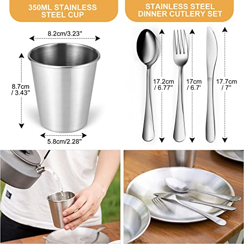 Odoland Stainless Steel Camping Mess Kit for Family & 4 Person, Cooking Tableware Utensils with Plates Bowls Forks Spoons Knives & Savings Bag for Camping, Backpacking, Hiking, Picnic, 4 Person Set - Image 4