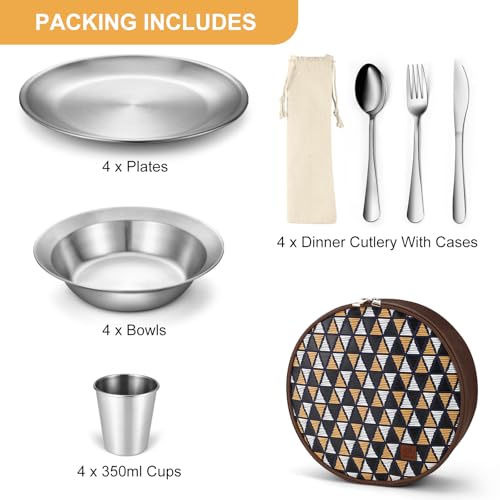 Odoland Stainless Steel Camping Mess Kit for Family & 4 Person, Cooking Tableware Utensils with Plates Bowls Forks Spoons Knives & Savings Bag for Camping, Backpacking, Hiking, Picnic, 4 Person Set - Image 3
