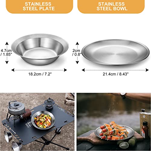 Odoland Stainless Steel Camping Mess Kit for Family & 4 Person, Cooking Tableware Utensils with Plates Bowls Forks Spoons Knives & Savings Bag for Camping, Backpacking, Hiking, Picnic, 4 Person Set - Image 5