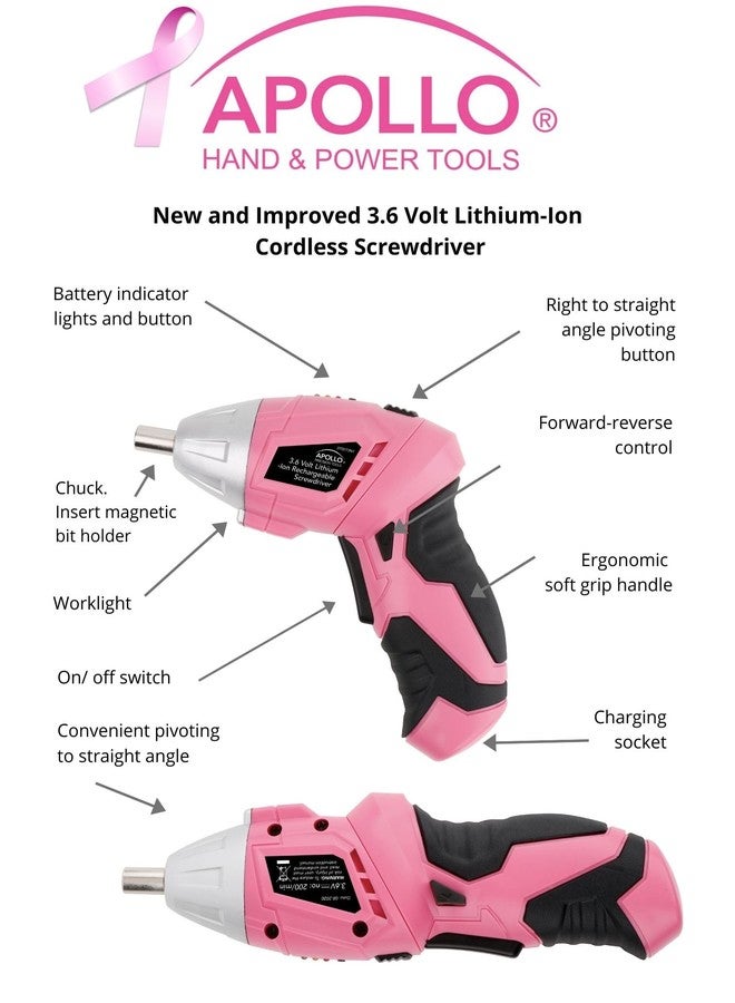 Apollo Tools 135 Piece Household Pink Hand Tools Set with Pivoting Dual-Angle 3.6 V Lithium-Ion Cordless Screwdriver - DT0773N1 - Image 5