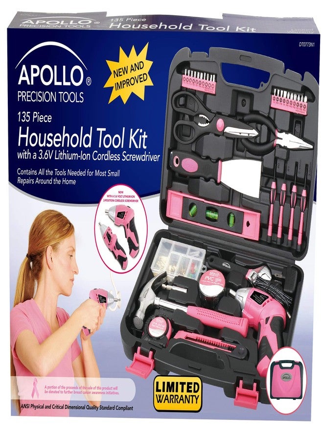 Apollo Tools 135 Piece Household Pink Hand Tools Set with Pivoting Dual-Angle 3.6 V Lithium-Ion Cordless Screwdriver - DT0773N1 - Image 4