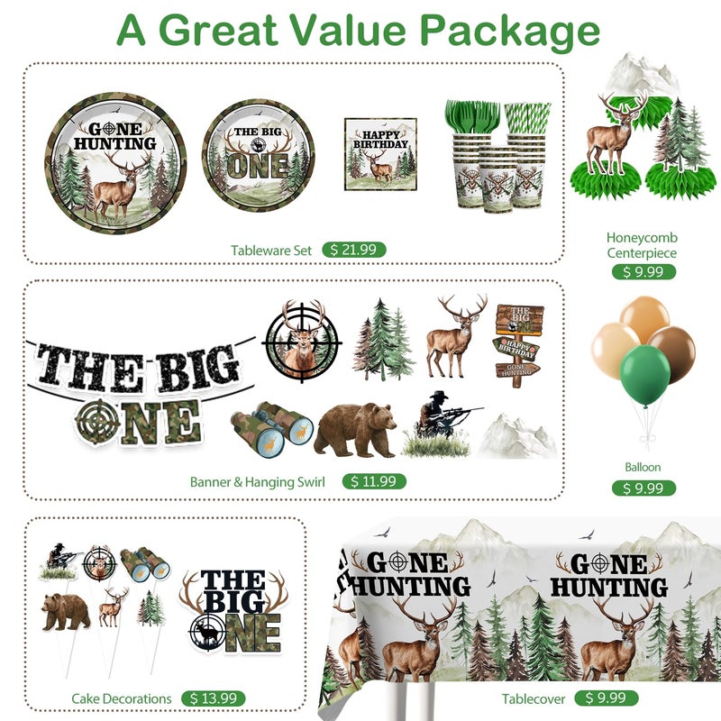 Xynic 193pcs The Big One Hunting Birthday Party Decorations for Boys, The Big One Deer Party Decorations with Tableware Set Banner Hanging Tablecloth Balloon Cupcake Topper Centerpiece, Serves 25 - Image 3