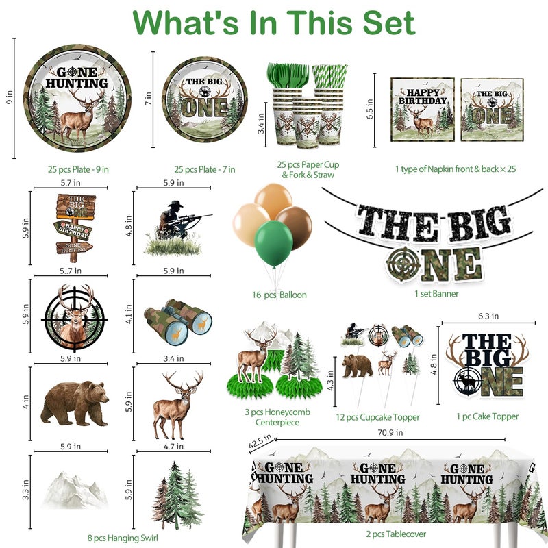 Xynic 193pcs The Big One Hunting Birthday Party Decorations for Boys, The Big One Deer Party Decorations with Tableware Set Banner Hanging Tablecloth Balloon Cupcake Topper Centerpiece, Serves 25 - Image 2