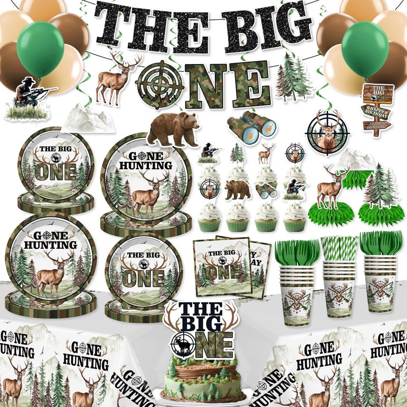 Xynic 193pcs The Big One Hunting Birthday Party Decorations for Boys, The Big One Deer Party Decorations with Tableware Set Banner Hanging Tablecloth Balloon Cupcake Topper Centerpiece, Serves 25 - Image 1
