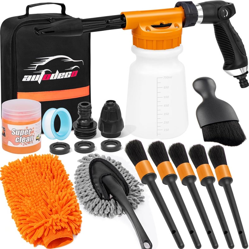 AUTODECO Car Wash Detailing Kit Cleaning Kits with Foam Gun Sprayer, Car Wash Brush and Large Wash Mitt Duster for Car Interior and Exterior Cleaning (Orange) - Image 1