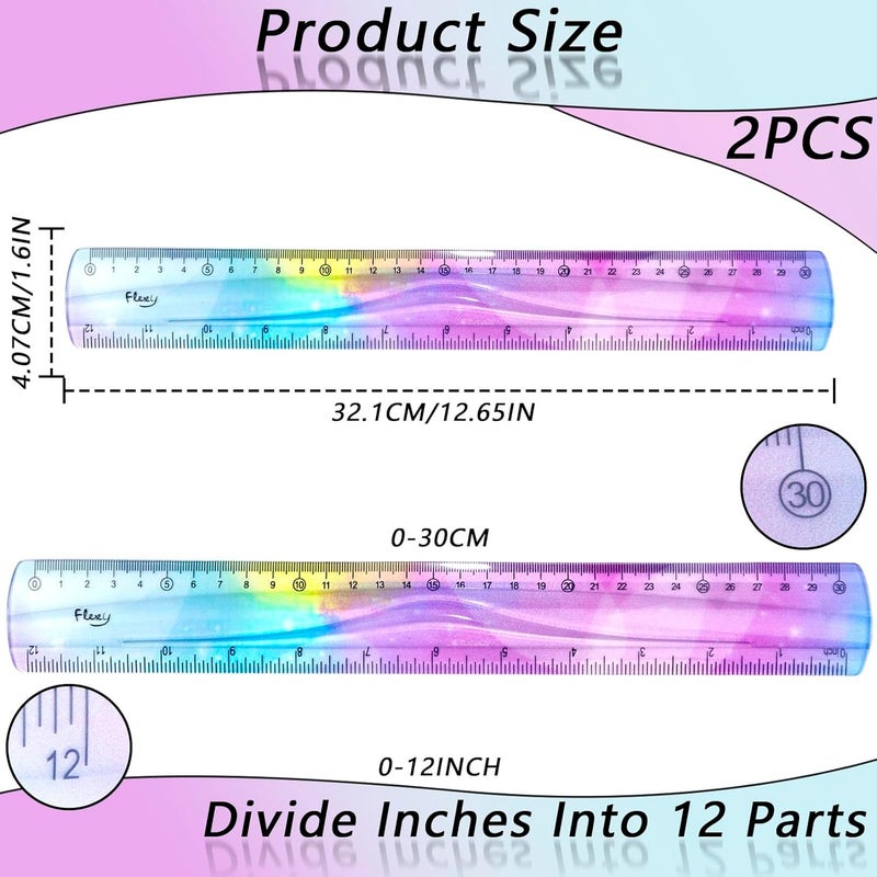 OXDFK 2 PCS 12 Inch Flexible Ruler, Bendable Plastic Ruler, Soft Bendable Gradient Colour Rulers with Centimeters and Inches for Student School Classroom Office Supplies - Image 2