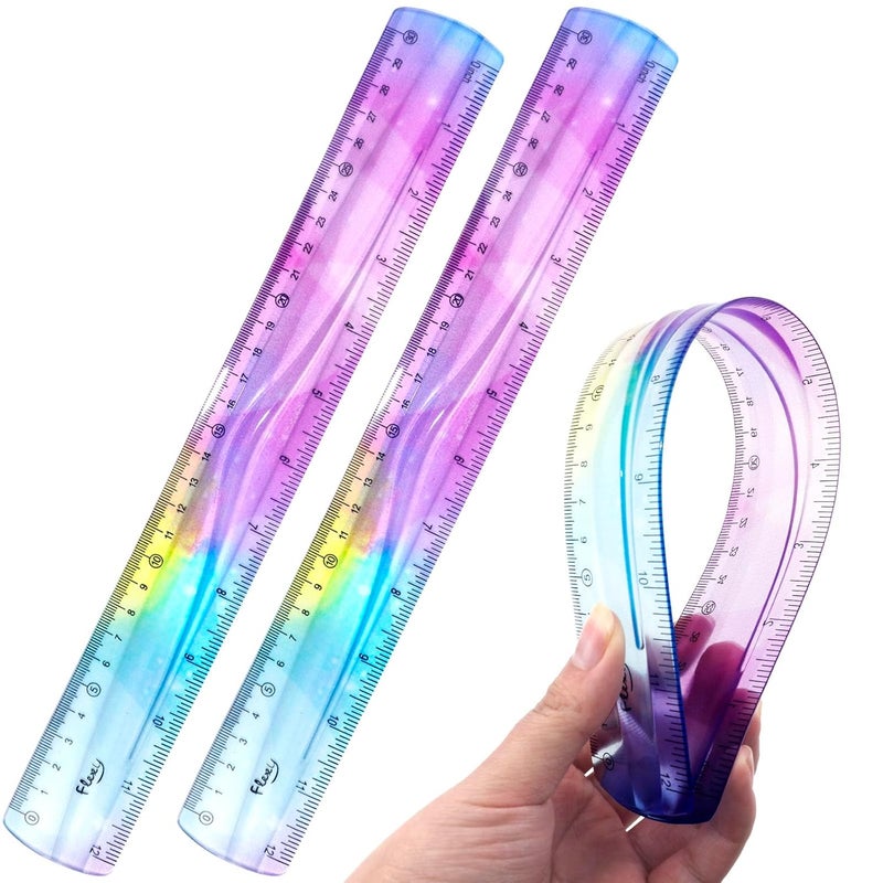 OXDFK 2 PCS 12 Inch Flexible Ruler, Bendable Plastic Ruler, Soft Bendable Gradient Colour Rulers with Centimeters and Inches for Student School Classroom Office Supplies - Image 1