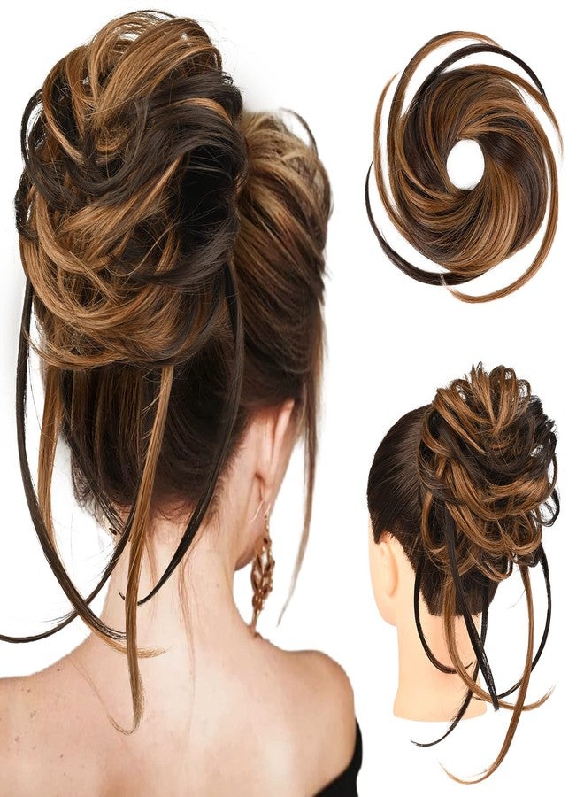 HOOJIH Messy Bun Hair Piece, Super Long Tousled Updo Hair Bun Extensions Wavy Hair Wrap Ponytail Hairpieces Hair Scrunchies with Elastic Hair Band HB007 Grace - Warm Brown with Medium Brown Highlights - Image 1