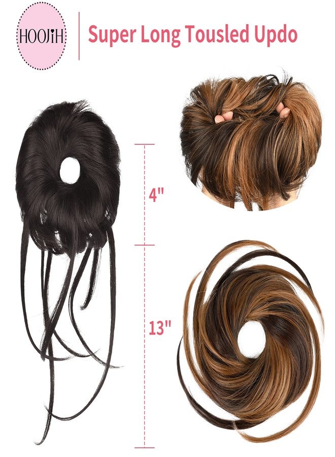 HOOJIH Messy Bun Hair Piece, Super Long Tousled Updo Hair Bun Extensions Wavy Hair Wrap Ponytail Hairpieces Hair Scrunchies with Elastic Hair Band HB007 Grace - Warm Brown with Medium Brown Highlights - Image 2