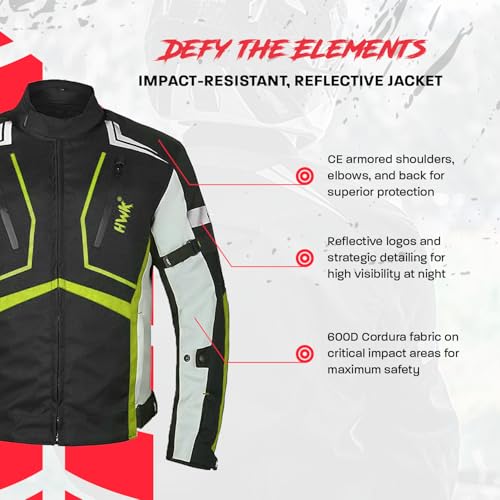 HWK Scorpion Motorcycle Jacket for Men & Women, Motor Bike Jacket and Motorcycle Gear with Body Armor Foam Padding & Breathable Cordura Fabric, Reflective Jacket for Night Visibility - Green, Large - Image 3