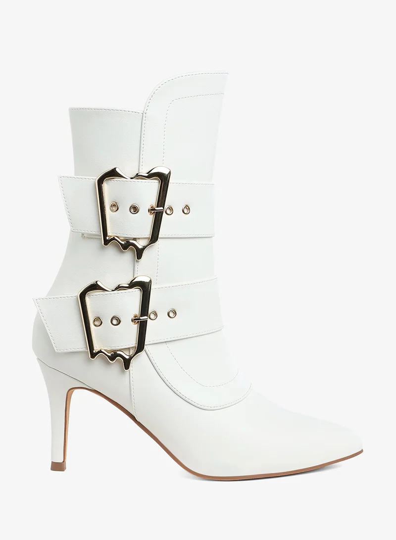 Chunky Buckle Strap Ankle Boots in White