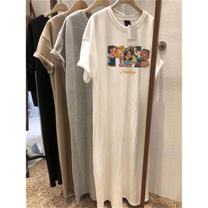 Short-sleeved Womens Summer Loose Long T-shirt Over-the-knee Long Dress Students Cartoon Printed Ins South Korea Western Style Lazy Dress White - Image 1