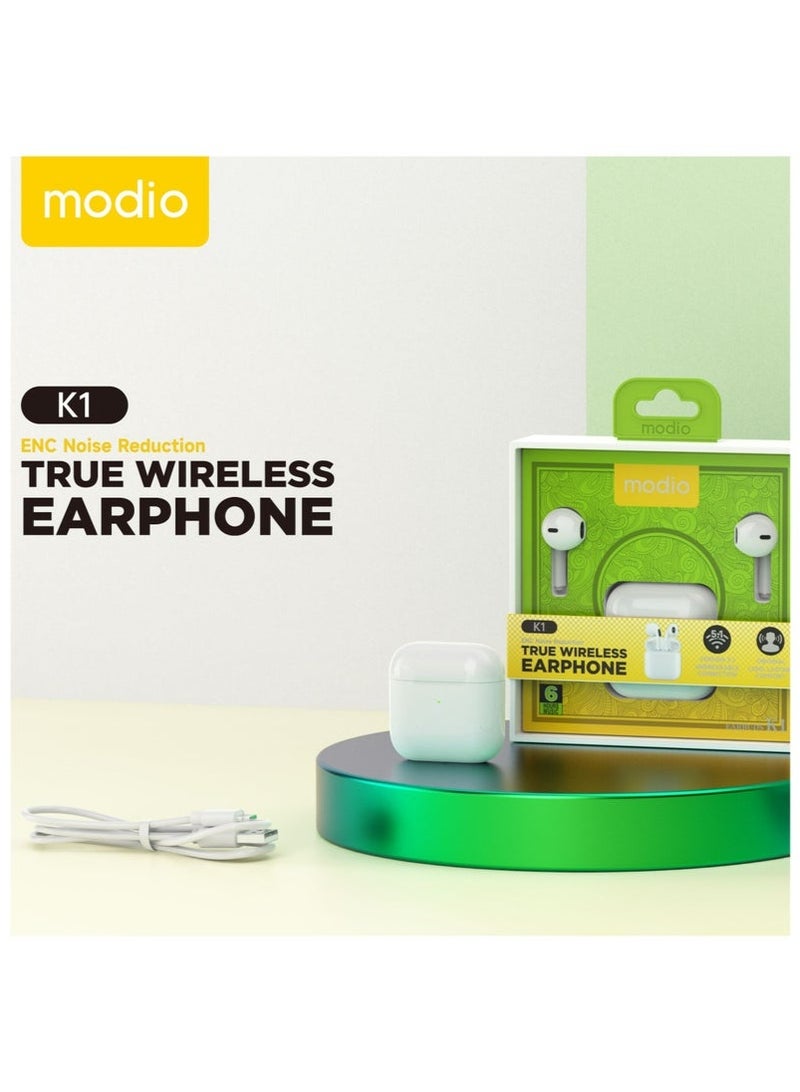 modio K1 True Wireless Earphones with Active Noise Cancellation, Bluetooth 5.3 Connectivity, HD Stereo Sound, Touch Controls, Long Battery Life with Fast Charging Case, Built-in Microphone for Calls & Voice Assistants – White - Image 1