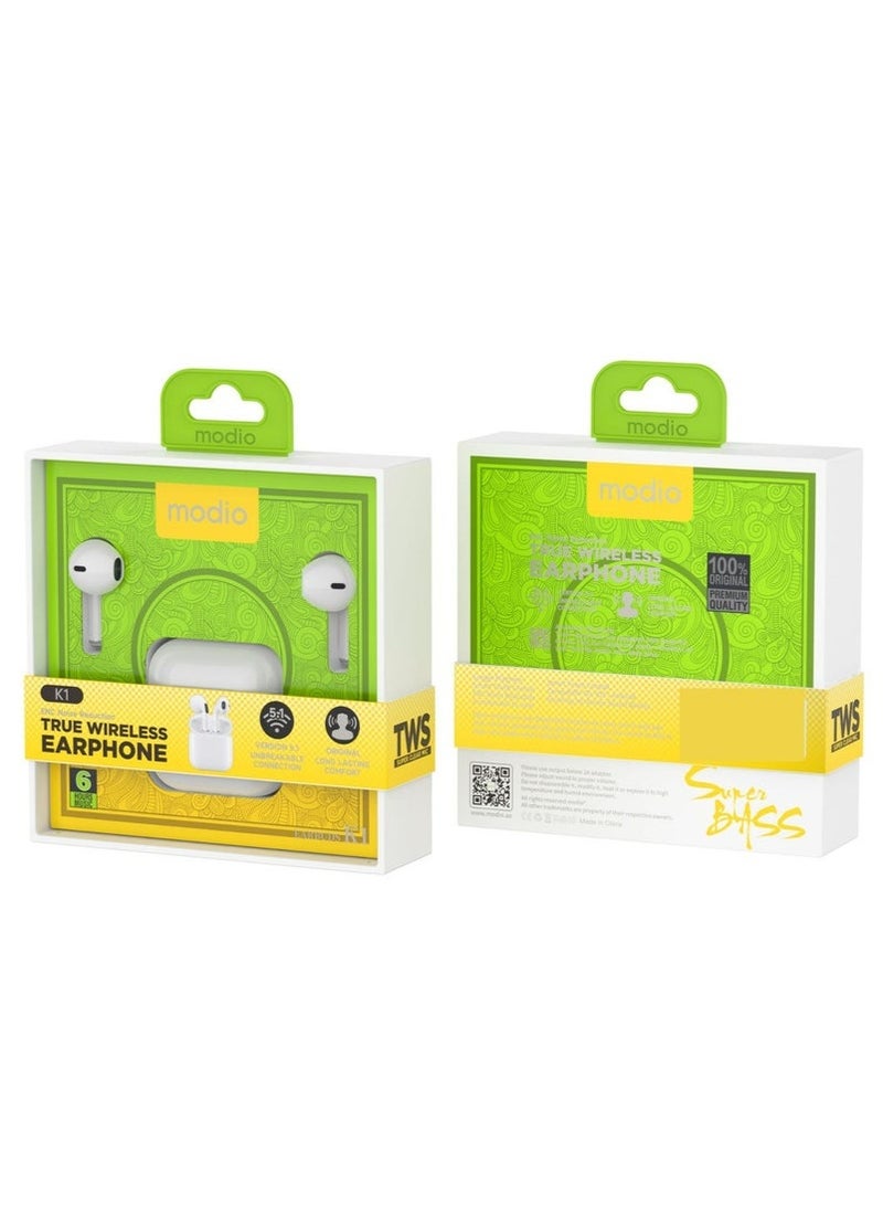 modio K1 True Wireless Earphones with Active Noise Cancellation, Bluetooth 5.3 Connectivity, HD Stereo Sound, Touch Controls, Long Battery Life with Fast Charging Case, Built-in Microphone for Calls & Voice Assistants – White - Image 4