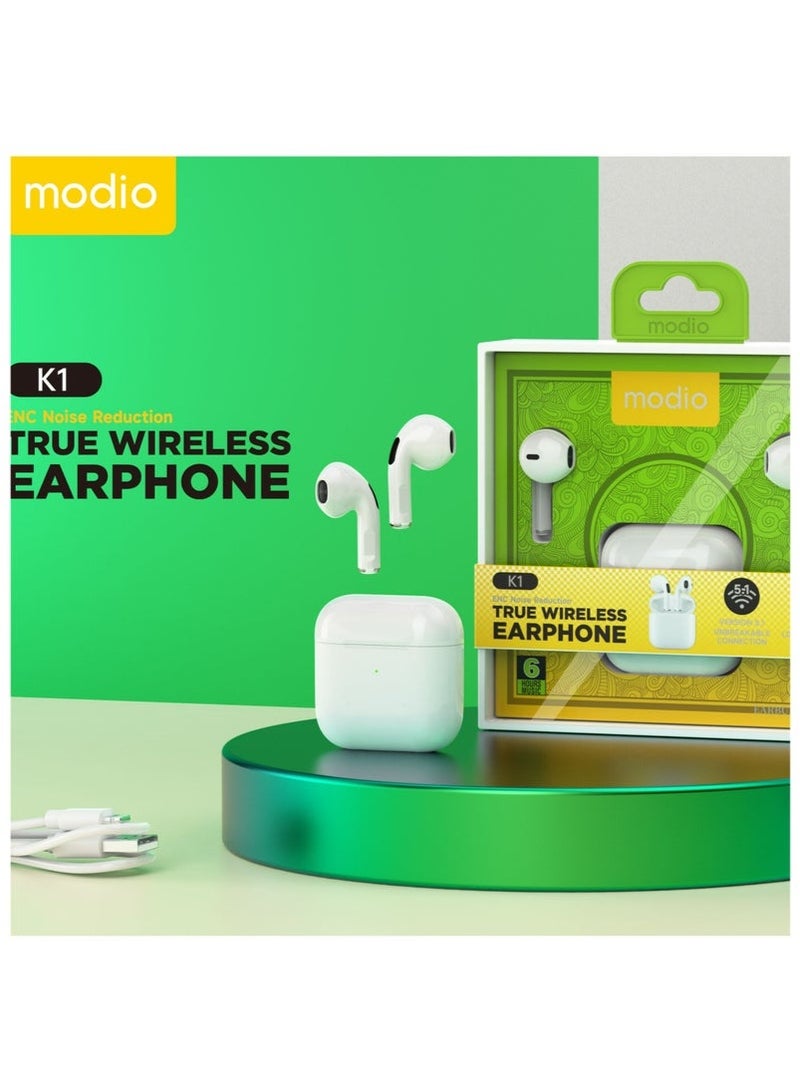 modio K1 True Wireless Earphones with Active Noise Cancellation, Bluetooth 5.3 Connectivity, HD Stereo Sound, Touch Controls, Long Battery Life with Fast Charging Case, Built-in Microphone for Calls & Voice Assistants – White - Image 3