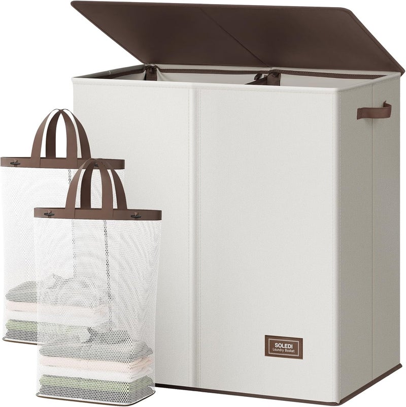 SOLEDI Large Double Laundry Hamper with Lid, Collapsible Clothes Hamper 2 section with Removable Bags, Space-Saving Laundry Basket for Bedroom, Dorm, College - Image 1