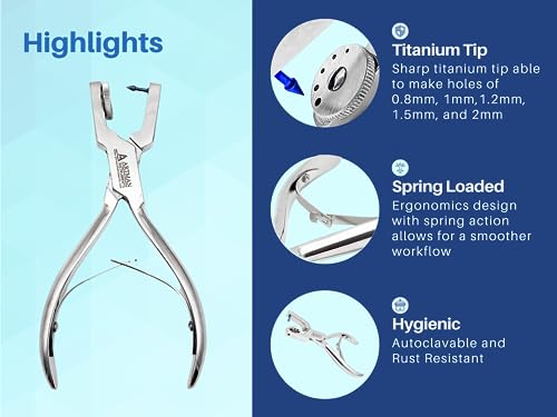 ARTMAN INSTRUMENTS Ainsworth Punch Pliers Titanium Tip for Rubber Dam Sheets, Leather Rotary Hand-Sewing Leather Punch Tool Different-Size Holes 0.8mm, 1.0mm 1.2mm 1.5mm and 2mm Rotary Punch - Image 3