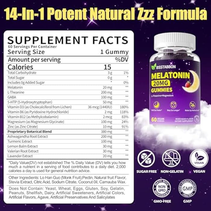BSSTABBON Natural Melatonin 20mg Gummies: Sugar Free Chewable Vegan Supplement with Magnesium Ashwagandha Zinc GABA Vitamin B12 Lemon Balm L-Theanine - Immune Deep Zzz for Adults Women Men(120Count) - Image 2