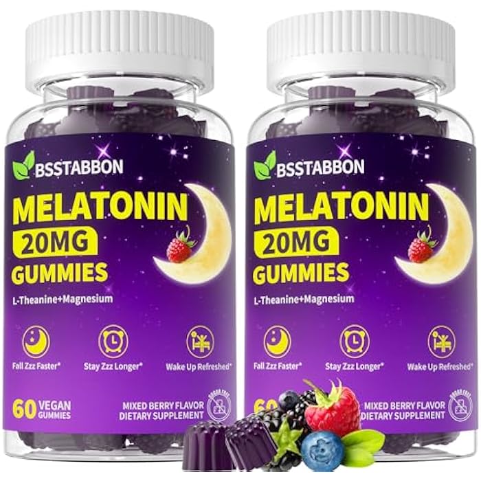 BSSTABBON Natural Melatonin 20mg Gummies: Sugar Free Chewable Vegan Supplement with Magnesium Ashwagandha Zinc GABA Vitamin B12 Lemon Balm L-Theanine - Immune Deep Zzz for Adults Women Men(120Count) - Image 1