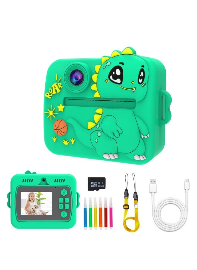 Generic Children's Instant Camera Selfie Print Portable Compact Body ABS Silicone Material Long Battery Life Suitable For Children-Color:Green Dinosaur 2 (No Card Edition) Gift Box  - Image 1