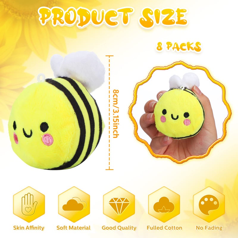 Sratte 8 Pcs 3.15 Inches Stuffed Bees Plush Soft Small Bee Stuffed Animal Honeybee Plush Keychains Cartoon Toys Adorable Doll for Baby Shower Birthday Party Favors (Stylish Style) - Image 3