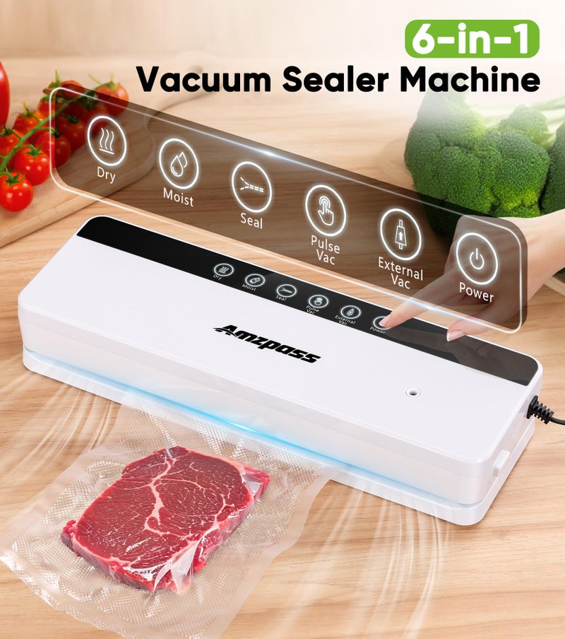 Amzpass Vacuum Sealer for Food, 6-in-1 Food Vacuum Sealer Machine, 80kpa Suction Power Food Sealer Vacuum Sealer, Compact Vacuum Sealers with 10 Vacuum Bags, External VAC for Jars & Containers, White - Image 2