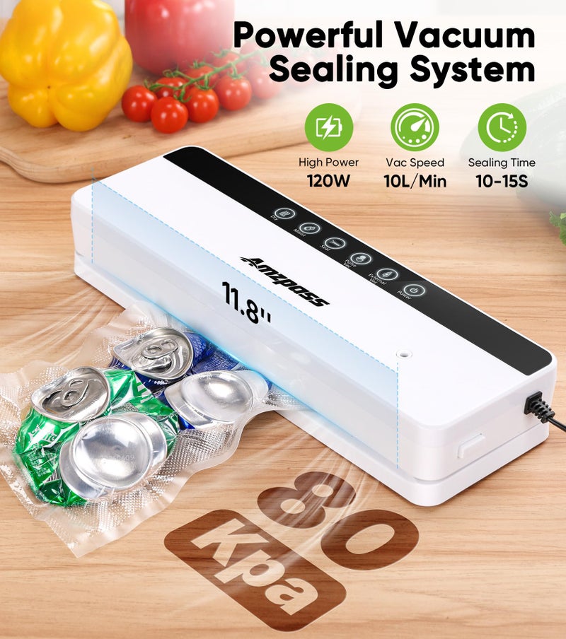 Amzpass Vacuum Sealer for Food, 6-in-1 Food Vacuum Sealer Machine, 80kpa Suction Power Food Sealer Vacuum Sealer, Compact Vacuum Sealers with 10 Vacuum Bags, External VAC for Jars & Containers, White - Image 3