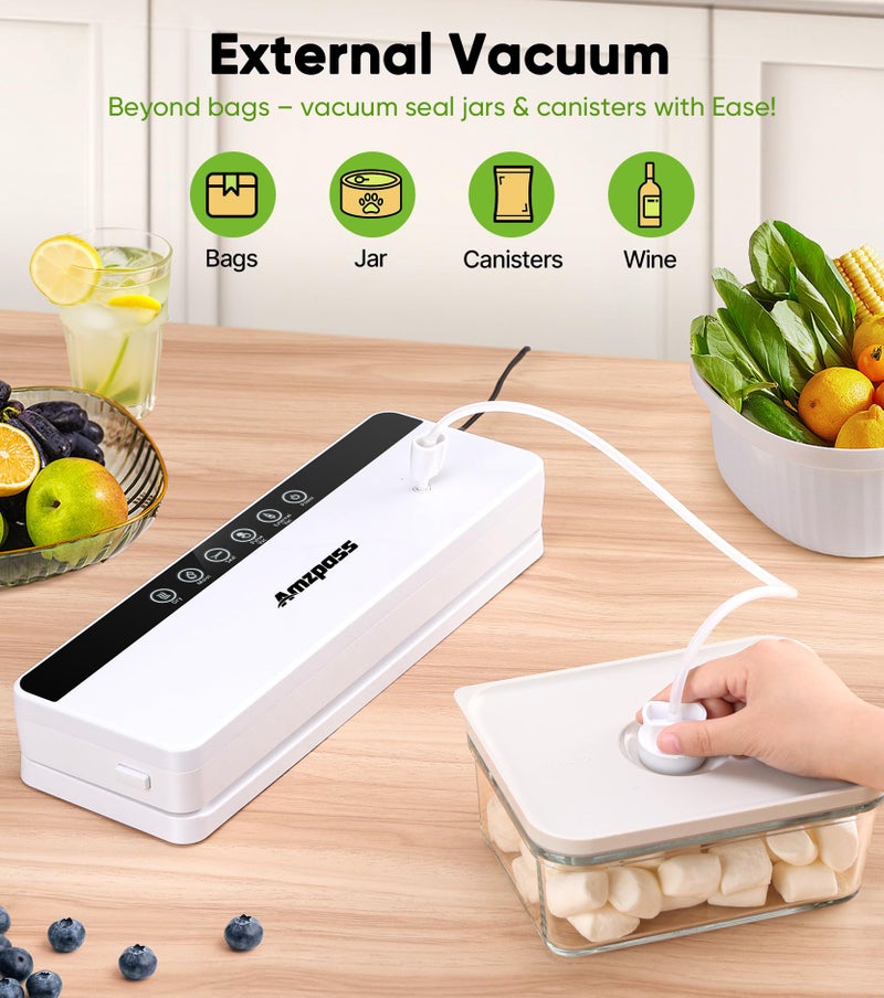 Amzpass Vacuum Sealer for Food, 6-in-1 Food Vacuum Sealer Machine, 80kpa Suction Power Food Sealer Vacuum Sealer, Compact Vacuum Sealers with 10 Vacuum Bags, External VAC for Jars & Containers, White - Image 4