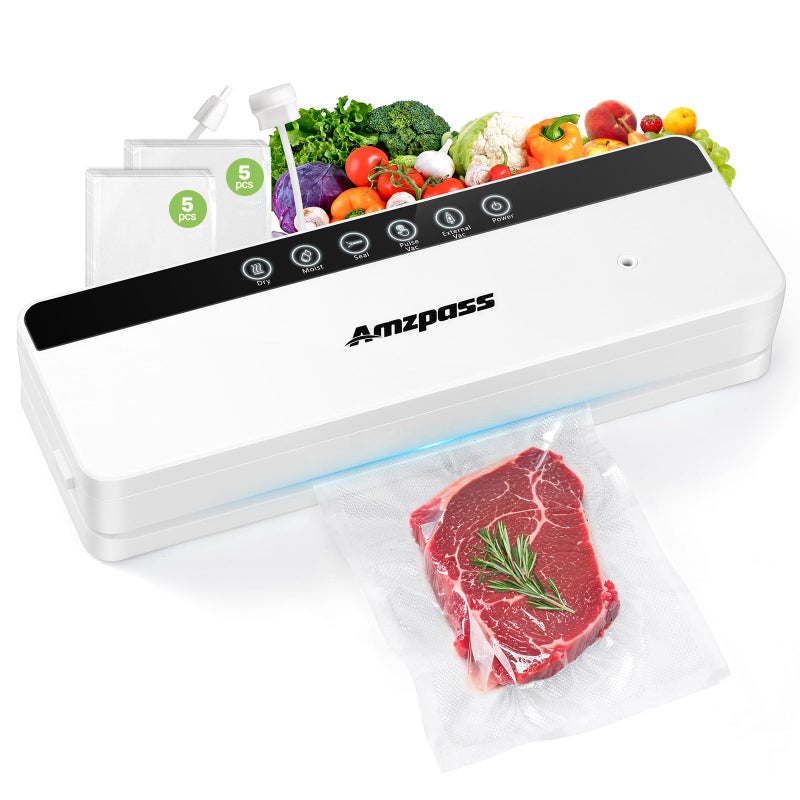Amzpass Vacuum Sealer for Food, 6-in-1 Food Vacuum Sealer Machine, 80kpa Suction Power Food Sealer Vacuum Sealer, Compact Vacuum Sealers with 10 Vacuum Bags, External VAC for Jars & Containers, White - Image 1