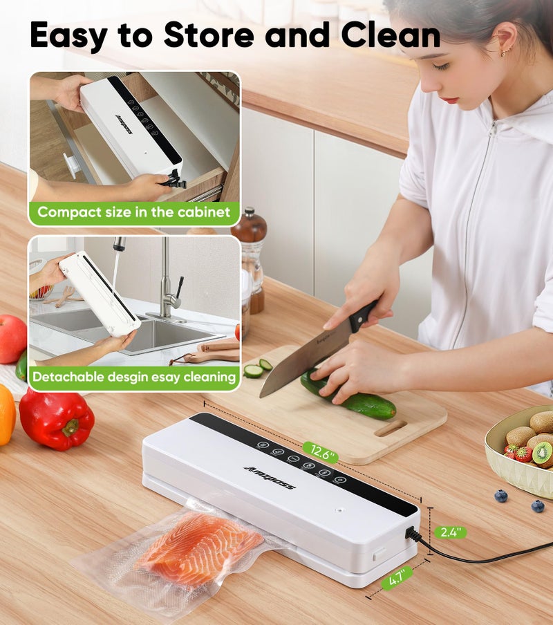 Amzpass Vacuum Sealer for Food, 6-in-1 Food Vacuum Sealer Machine, 80kpa Suction Power Food Sealer Vacuum Sealer, Compact Vacuum Sealers with 10 Vacuum Bags, External VAC for Jars & Containers, White - Image 5