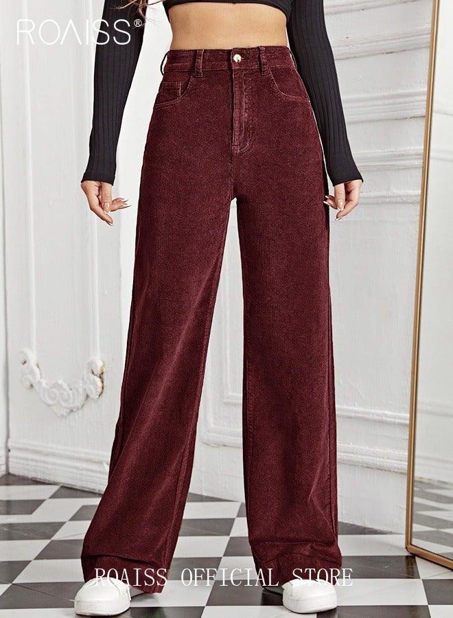 roaiss High Waist Wide Leg Pants for Women Pure Cotton Corduroy Soft Elastic Trousers Ladies Mom's Slant Pocket Long Pants Casual Plain New Arrival Trendy Straight Baggy - Image 1