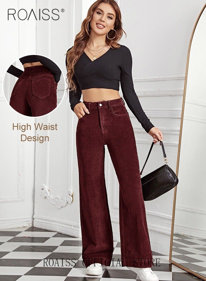 roaiss High Waist Wide Leg Pants for Women Pure Cotton Corduroy Soft Elastic Trousers Ladies Mom's Slant Pocket Long Pants Casual Plain New Arrival Trendy Straight Baggy - Image 2